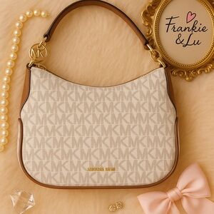 Michael Kors White & Brown Signature MK Logo Hobo Bag Shoulder & Crossbody NWT